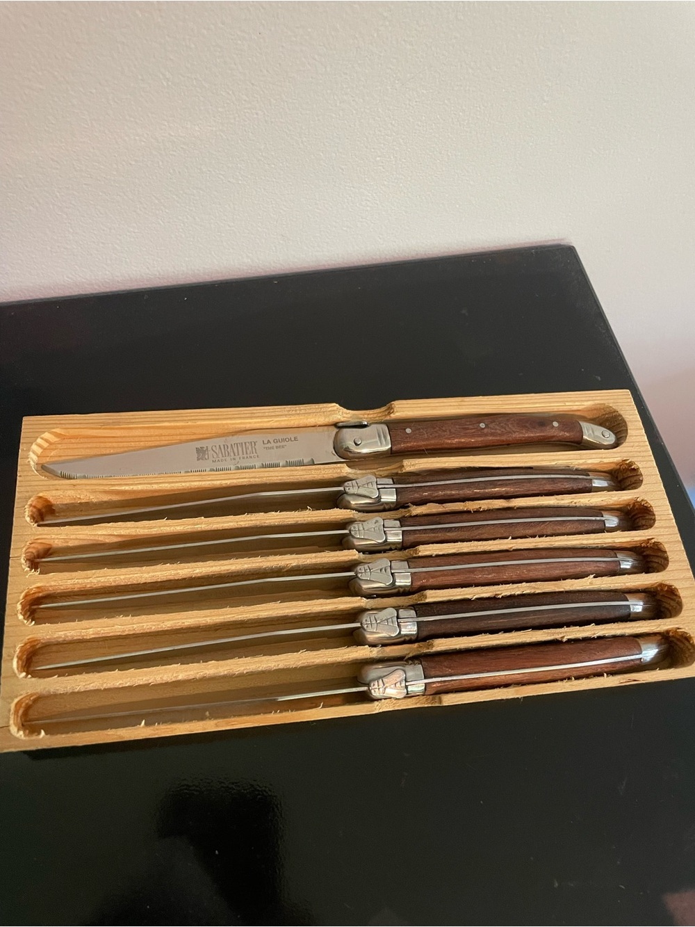 Set of 6 Sabatier La Guiole “the bee” French steak knives with rosewood handles